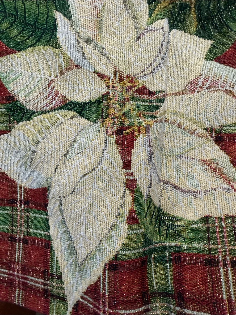 Holiday Poinsettia Plaid Tapestry Table Runner Gold Thread 13x68